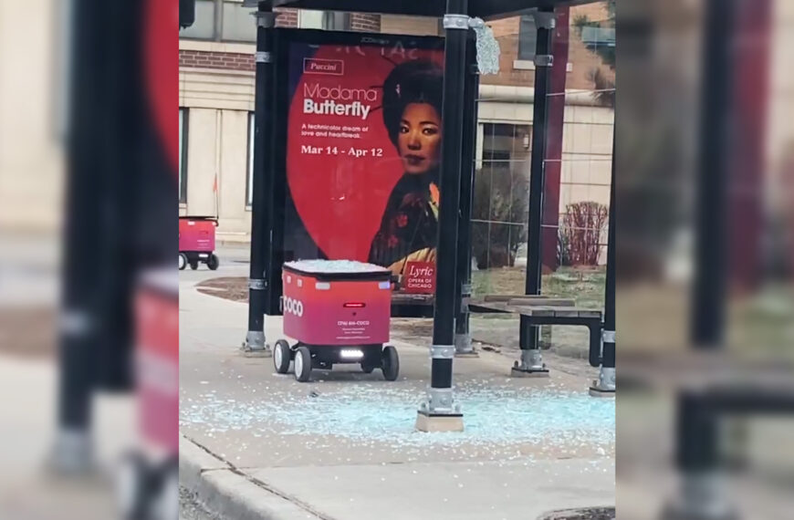 There’s Something Incredibly Weird About Two Delivery Robots Crashing Through Glass Bus Shelter in Chicago Within a Few Days of Each Other