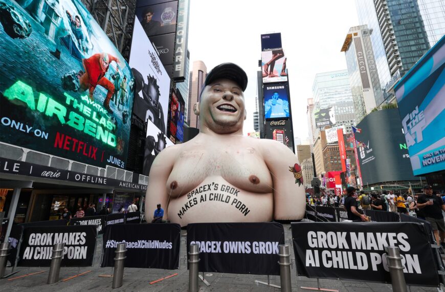 Extremely Unflattering Statue of Elon Musk Appears in Times Square, Complete With Horrifying Slogan
