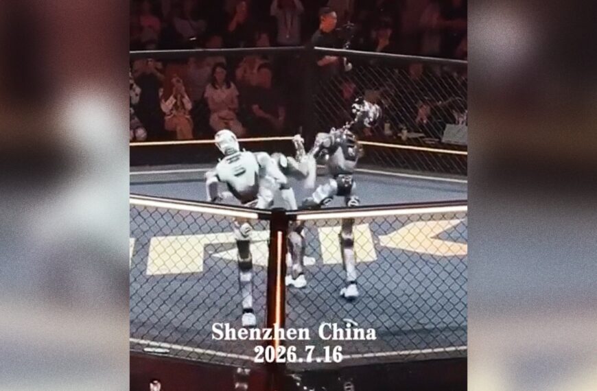 Brutal Humanoid Robot Cage Match Stops Abruptly When One of the Robot’s Heads Pops Off