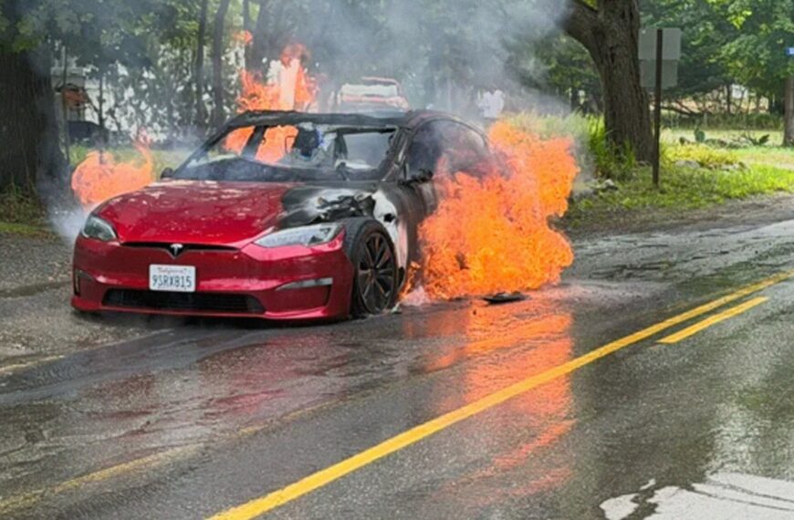 Driver Pulls Up Directly to Firehouse When His Tesla Inexplicably Bursts Into Flames
