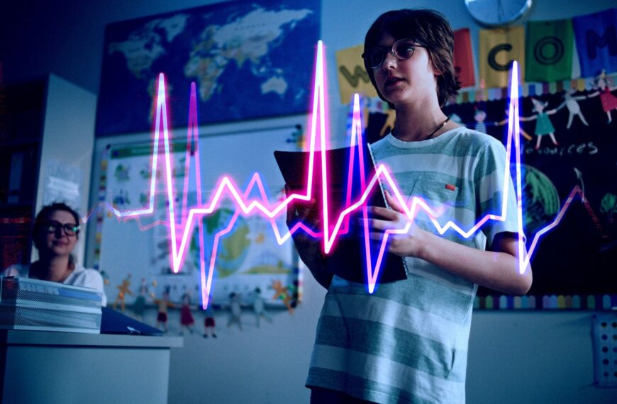 AI School Hooking Children Up to Heart Monitor in Front of Class While Playing Critiques of Their Work