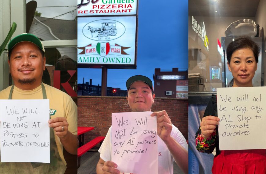 Restaurants Are Going Viral by Holding Up Handwritten Signs Pledging Not to Use AI Foodslop Posters